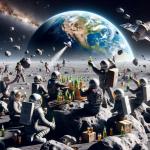 DALL·E 2023-11-12 14.20.32 - A photorealistic image of a beer party on an asteroid flying past Earth. The scene shows a group of space explorers, diverse in gender and ethnicity, .png